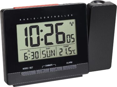 TFA Dostmann Projection Alarm Clock, Radio-Digital Alarm Clock with Projection, 60.5016, with Temperature Display, Snooze, Multi-Language Weekday, Adjustable Display Illumination, Black
