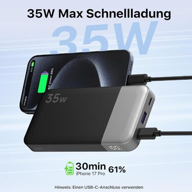 Power Bank Nobis 35W 10000mAh з цифровим дисплеєм, 2 USB-C, 1 USB-A (Чорний)