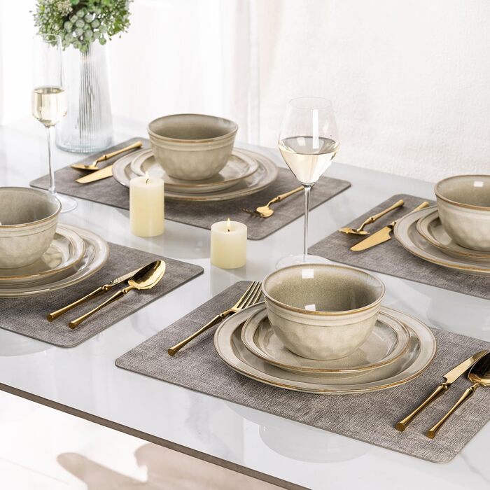 GBHOME Набір посуду з кераміки (12 предметів), керамічний, ручної роботи, реактивна глазур, тарілки та миски, стійкий до сколів та тріщин, придатний для миття в посудомийній машині та використання в мікрохвильовці, набір посуду на 4 особи, білий