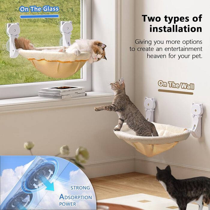 Window perch for cats, foldable & stable cat beds - Breathable cat window hammock for monitoring, sunbathing and climbing - holds up to 18kg maximum (faux fur rabbit, cream)