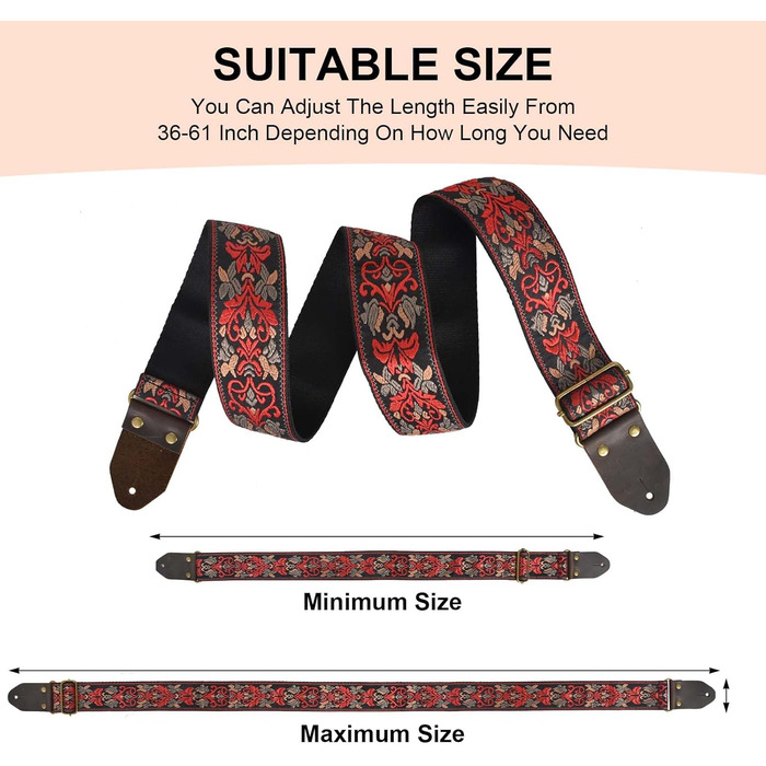 Гітарний ремінь з бавовни для акустичної гітари, 2 шт. Вишитий гітарний ремінь для бас-, електро- та акустичних гітар, безкоштовна пряжка, замок для ременя та медіатор, ретро-червона квітка