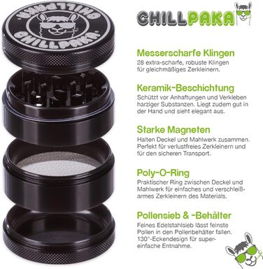 CHILLPAKA® Преміум керамічна млинка-гріндер 55 мм, чорна, для трав з антипригарним покриттям, з пилкоскребком і щіточкою