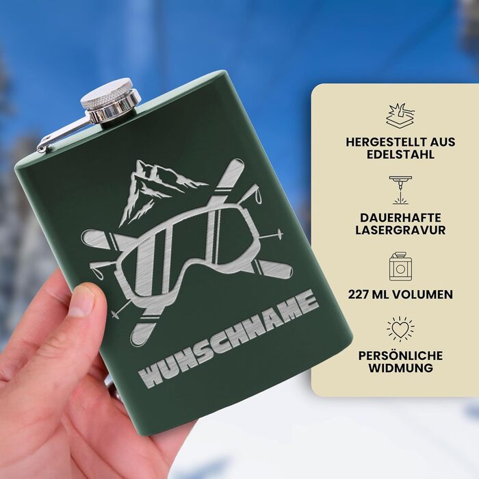Фляга з нержавіючої сталі Flanacom з гравіюванням, 227мл / 8oz, для гірськолижників, персоналізована, з воронкою (дизайн 3, зелений)