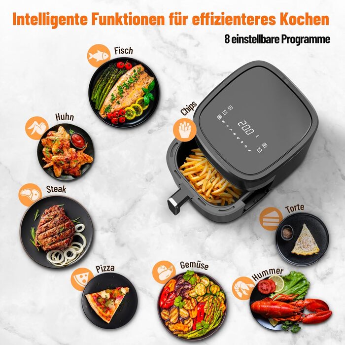 Фритюрниця Noaton з гарячим повітрям 6,2 л, цифровий Air Fryer, 8 програм, 1600 Вт, без олії, регулювання температури 80-200°C, з кулінарною книгою та кухонними щипцями, компактна
