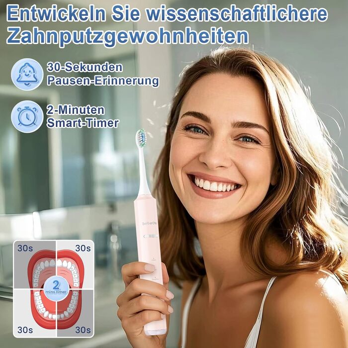 Електрична зубна щітка Betterchoi з магнітною левітацією, 41 000 VPM, 4 насадки, IPX7, 180 днів роботи, 5 режимів, таймер, рожева