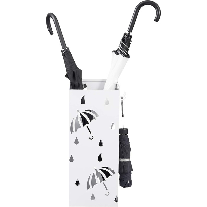 Lestarain Metal Umbrella Stand with Water Tray and Hooks - White Cube Design, 20x20x49cm