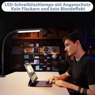 Лампа для столу Homefire LED з кріпленням, диммування: чорна, 3 кольори, 5 рівнів яскравості, 5W, гнучка, захист очей, денне світло для офісу та кабінету