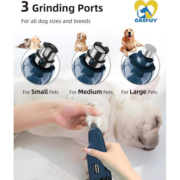 Електричний точилка для кігтів собак Casfuy - 6 режимів, 45 дБ, з LED-підсвіткою, для великих, середніх та малих порід, з захистом від пилу (білий/блакитний)