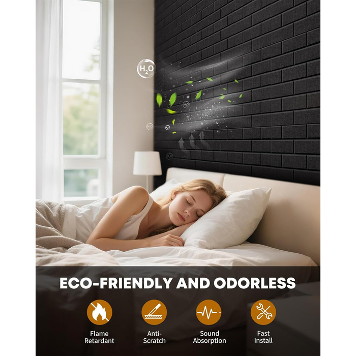 Акустичні панелі Jamelo 3D цегла, самоклеючі панелі для звукоізоляції та декору стін (30x30x0,9 см, чорні, 12 шт.) для студії, спальні та офісу