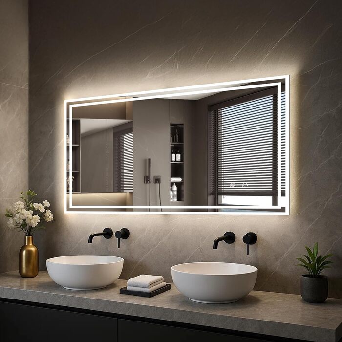 Дзеркало для ванної кімнати зі підсвічуванням 70x50 см, сенсорне керування, протизапітніння, 3 кольори світла, регулювання яскравості