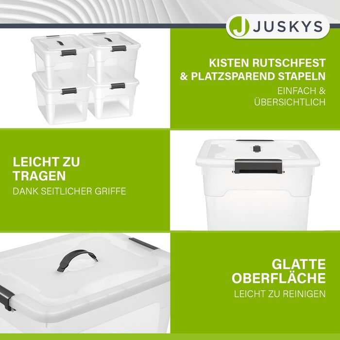Juskys Storage Box with Lid - Set of 4 Plastic Boxes 45L - Large Box, Stackable, Transparent - Storage Organization System Storage Boxes (Set of 4 - 30 Liters)