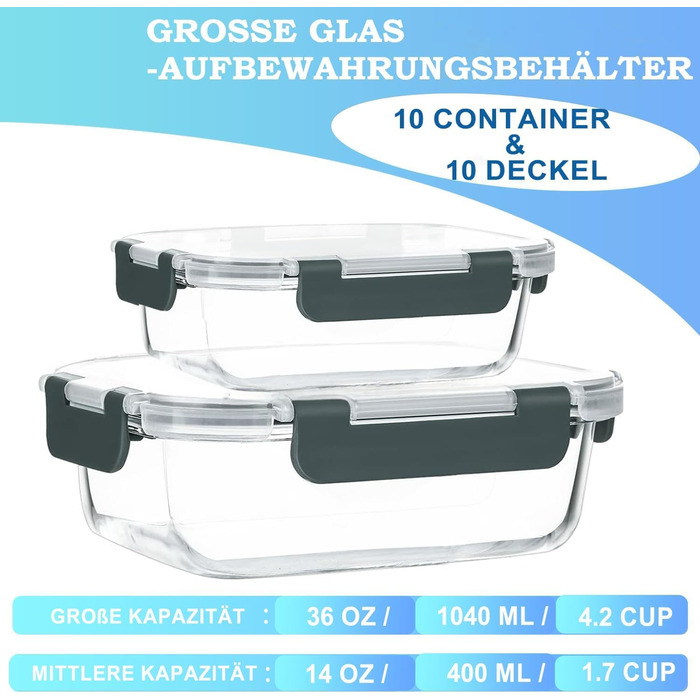 Набір скляних контейнерів для зберігання (20 шт.) Borosilikatglas: 5 x 1040 мл та 5 x 370 мл - для мікрохвильовки, приготування їжі, духовки, витокозахисні