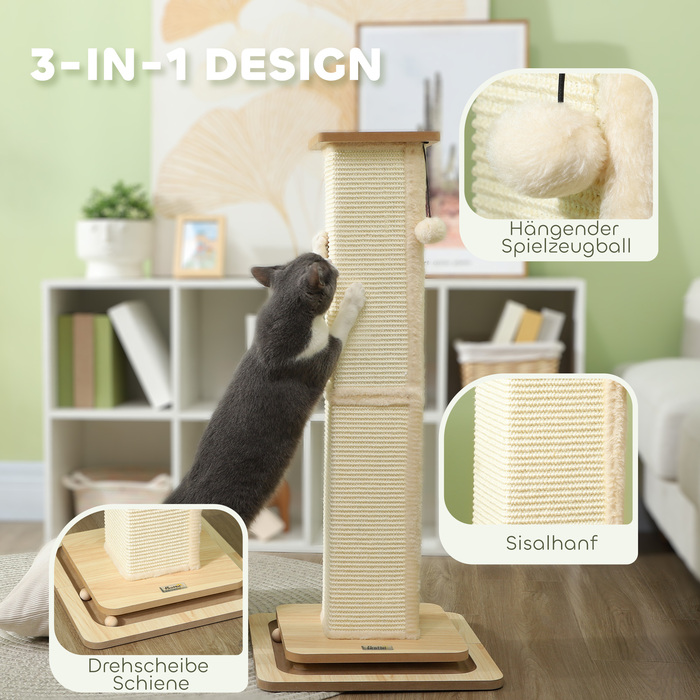 PawHut 3-in-1 Scratching Post, 87cm Scratching Column, Sisal Cat Scratching Tree with Play Ball, Scratching Post for Cats, Cat Scratching Furniture, Indoor, Oak | Aosom