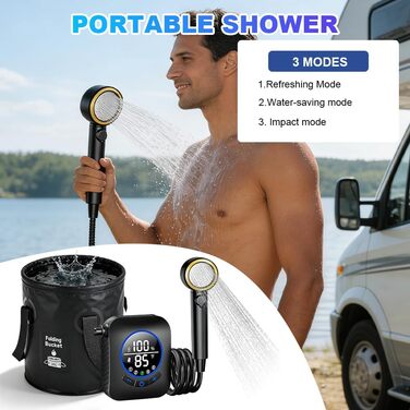 Душ кемпінговий портативний Camping Dusche Set 2026 з акумулятором 6000/8000mAh та дисплеєм, 5 літрів, 4 режими, для подорожей та кемпінгу