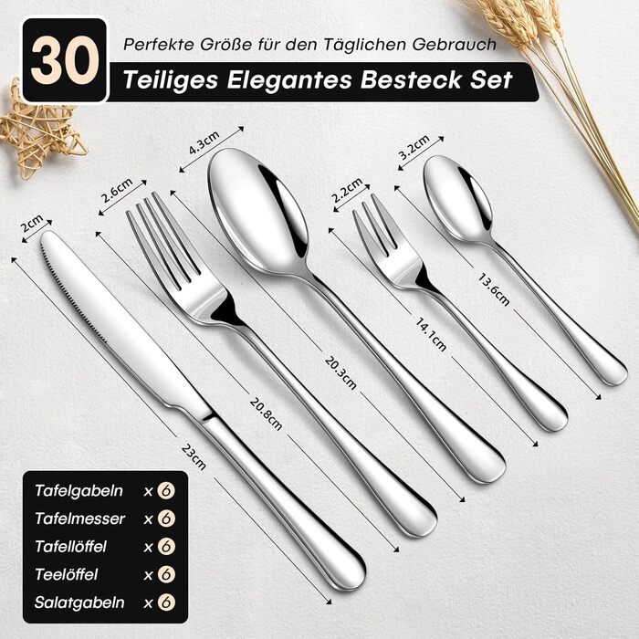 Набір столових приборів на 6 осіб, 30 предметів: виделки, ложки, ножі, нержавіюча сталь, дзеркальне полірування, для посудомийної машини
