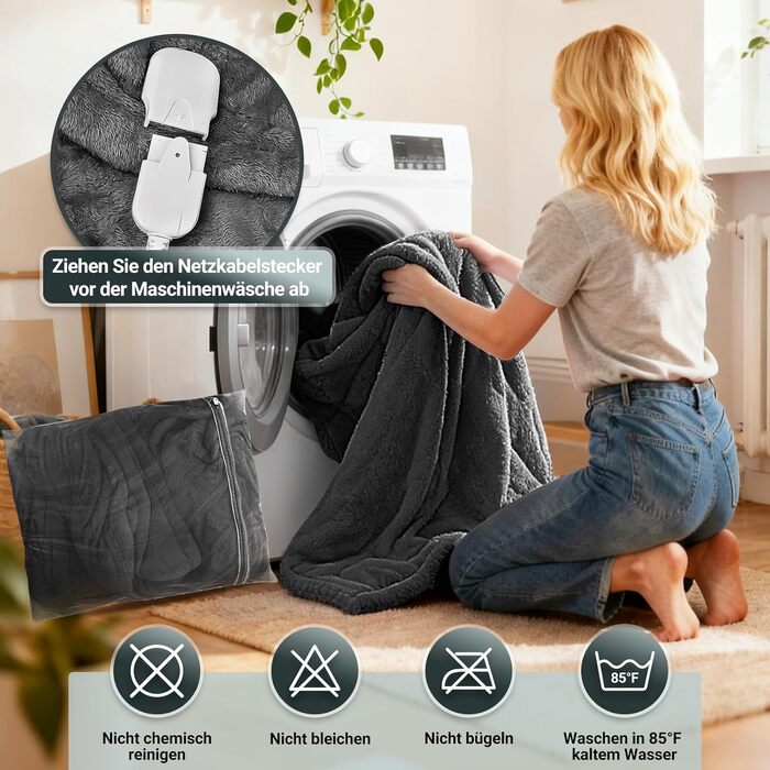 Електрична ковдра Charmofun з автовимкненням, 130x180 см, 8 режимів нагріву, таймер 12 годин, пральна машина, флісова тепла ковдра для ліжка, дивана, офісу (темно-сірий)