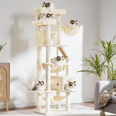 Кігтеточка-кітчечка Heybly HCT034W, 180 см, бежева: 2 платформи, 2 будиночки, 2 гамаки, кошик, кігтедряпання