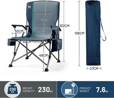 Складний туристичний стілець Timber Ridge XXL (230 кг) з широким сидінням (62 см), високою спинкою, підстаканником та міцними підлокітниками для кемпінгу, пікніка, саду та балкону (Блакитний, 1 шт)