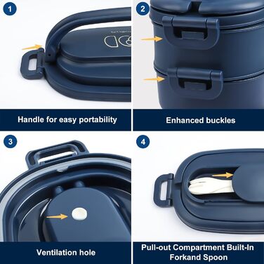 Ланчбокс Brotdose 2-ярусний, 1550 мл, з ложкою та виделкою, BPA Free, для дорослих, блакитний