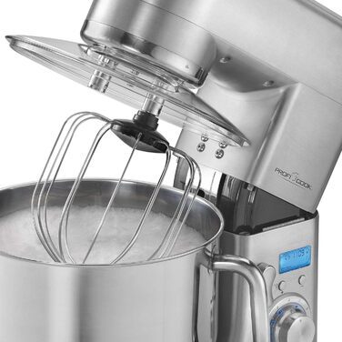 Кухонна машина ProfiCook PC-KM 1096 з чашею з нержавіючої сталі 10 літрів, потужний двигун 1500 Вт, міксер, гак для тіста та вінчик, захист від бризок з отвором для засипання інгредієнтів