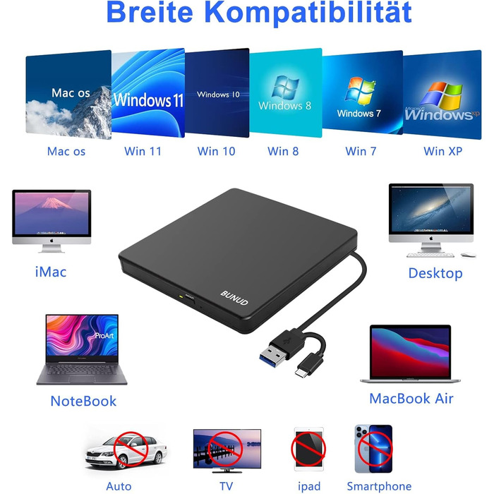 Зовнішній CD/DVD привід BU USB 3.0 & Type-C, DVD+/-RW Brenner з картридером SD/TF та USB-портами для ноутбука, ПК, MacBook, Windows 11/10, macOS, чорний
