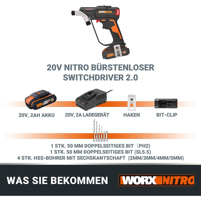 WORX WX177 NITRO акумуляторний дриль-шуруповерт Switchdriver 2.0 20V – потужний безщітковий двигун, 50Nm крутний момент, швидка заміна біт, точне регулювання крутного моменту, в комплекті акумулятор та зарядний пристрій. NITRO версія