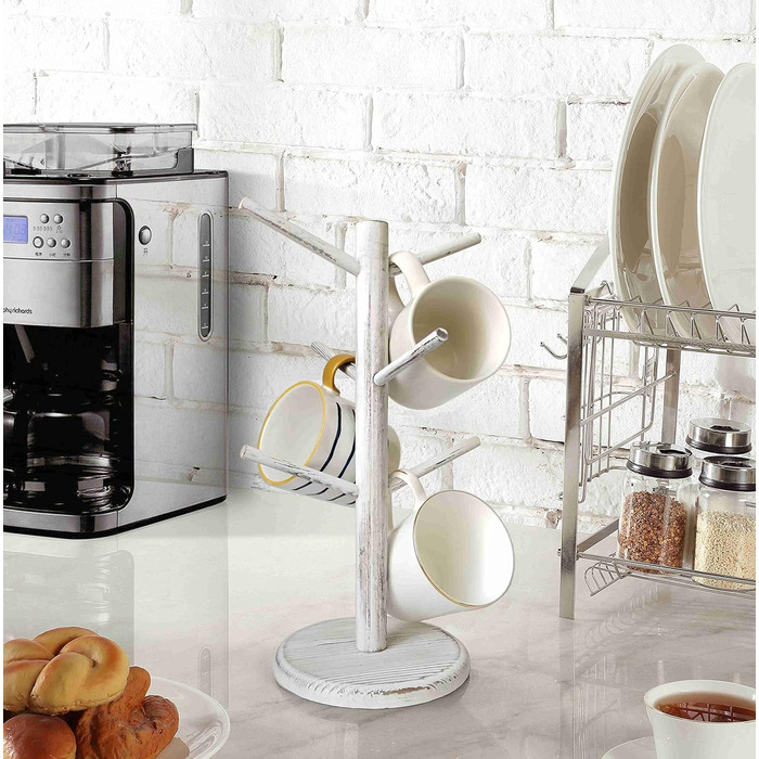 Dorho Cup Holder, Tree, Coffee Cup Holder with 6 Hooks, Wooden Cup Holder for Countertop, Coffee Bar Accessories and Organizer Station, White (Rustic White)