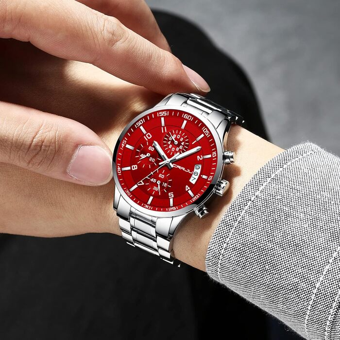 Чоловічий годинник CRRJU Business з нержавіючої сталі, водонепроникний хронограф з календарем, аналоговий кварцовий годинник з нержавіючої сталі (сріблястий, червоний)