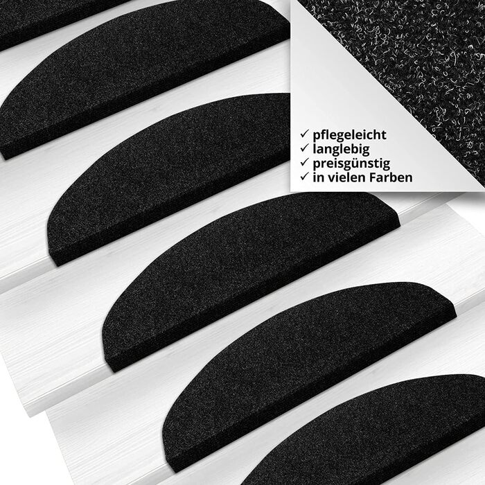 Casa Pura Non-Slip Stair Treads - 15 Piece Set - Adhesive Backed, Round Edge - Indoor Stair Carpet - Anthracite Grey