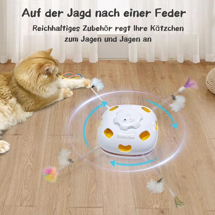GoldenSun Cat Toy, Rechargeable, Interactive 4-in-1 Toy for Indoor Use, Hide-and-Seek Toy for Kittens, Whack-a-Mole Motion, Electronic Cat Toy for Exercise (Colorful Feathers)