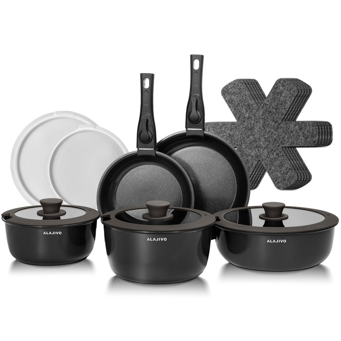 Набір посуду 17 предметів з знімним ручками, антипригарне покриття, для всіх типів плит, включаючи індукційні, сумісний з духовкою (темно-сірий)