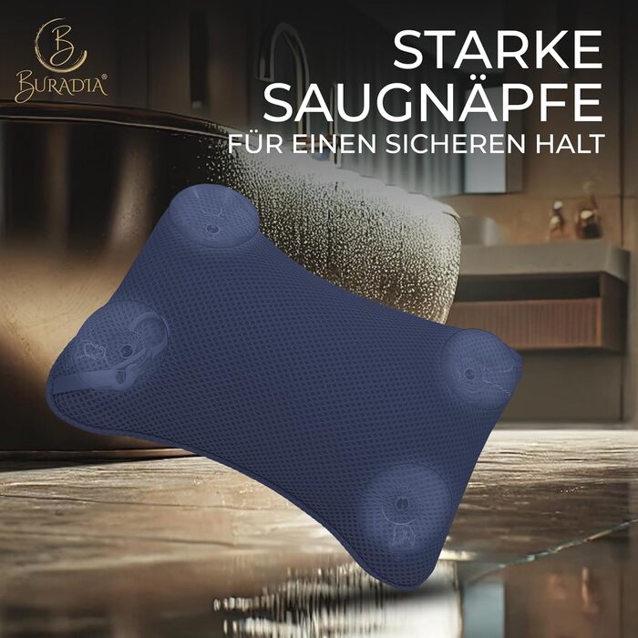 Подушка для ванни з сіткою для прання - Максимальний комфорт та розслаблення з технологією Air Mesh. Подушка для ванни з 4 міцними присосками. Підтримка шиї та голови (Темно-синій)