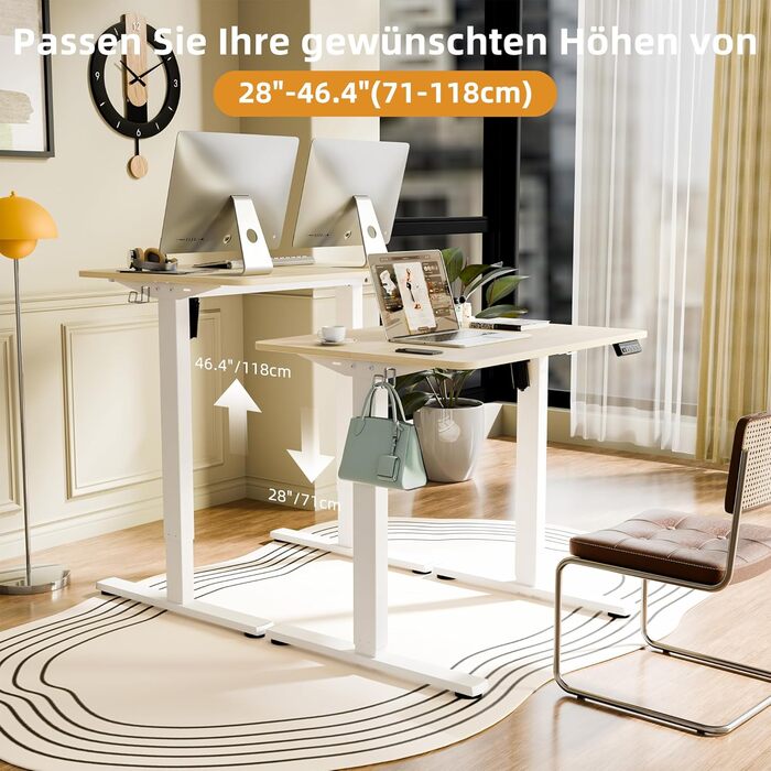 Ergonomaker Electric Standing Desk 80x60cm - Compact Adjustable Height Desk with 2-Section Tabletop, Home Office Desk (White Frame + Oak Tabletop)