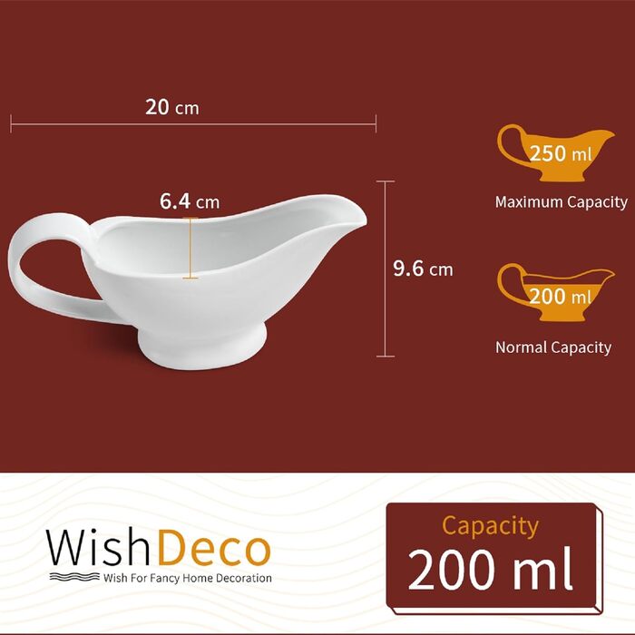 WishDeco біла соусниця з кераміки 220 мл, порцелянова соусниця з ручкою для соусу, салатної заправки, бульйону, крему