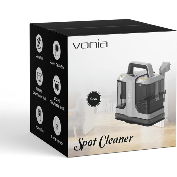 Вакуумний пилосос для чищення килимів та м'яких меблів Vonia – 450W, 11 kPa, 2 насадки, 1.2 м шланг, сірий. Ідеально для авто, диванів, килимів та м'яких меблів