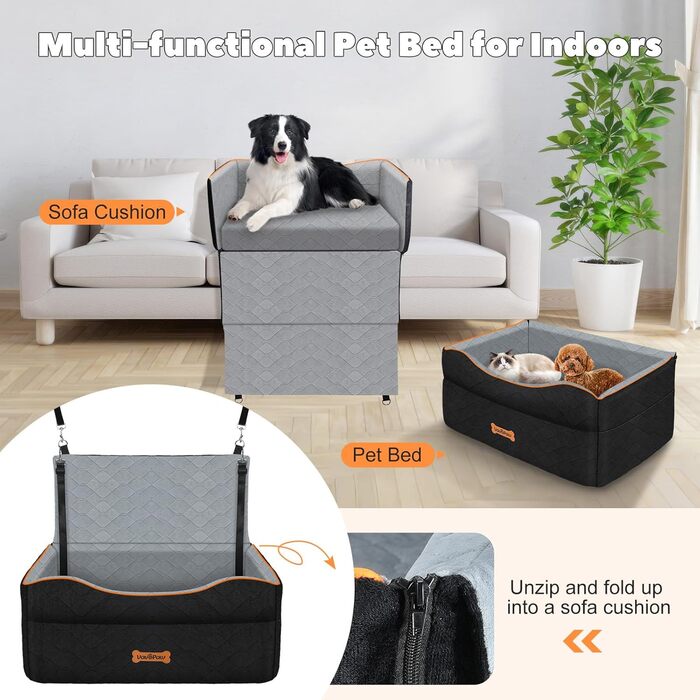 Автокрісло для собак середніх порід (до 23 кг) або 2 маленьких собак, знімний дизайн, м'яке крісло, страхувальний поводок, чорний/сірий, розмір M