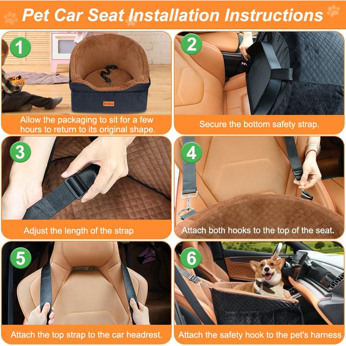 Elevated Dog Car Seat - Washable & Removable for Small & Medium Dogs (Up to 13.6KG) with Storage Pockets & Safety Belt - Black & Brown
