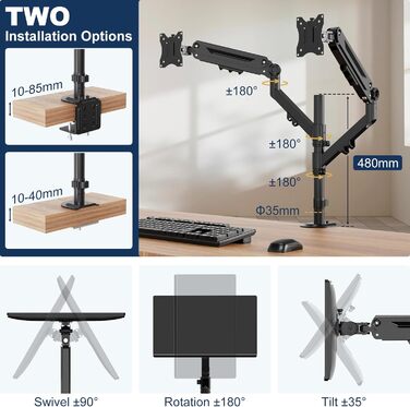 Тримач для монітора на 2 монітори, 17-40 дюймів, до 12 кг, вертикальне/паралельне кріплення, кріплення на клямці та гвинті, VESA 75/100 мм