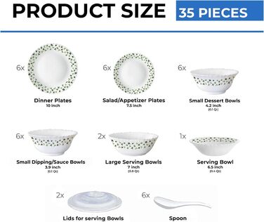 Набір посуду Larah, 35 предметів: тарілки, миски, кришки, ложки, сервіз на 6 осіб, о pal, міцний, легкий, для мікрохвильовки та посудомийної машини, білий з зеленими квітами