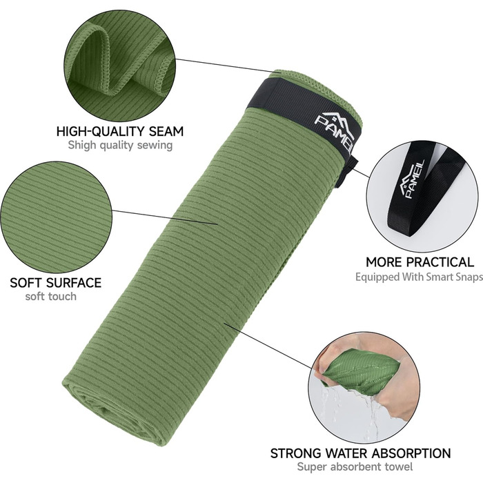 Набір рушників Pameil з мікрофібри (2 шт.): великий (160x80 см) та маленький (80x40 см), компактні та швидковисихаючі, для спорту, подорожей, пляжу (армійний зелений)