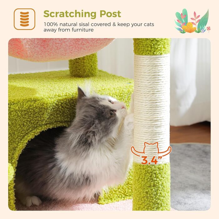 PAWZ Road Крактар для котів з гамаком, котячий комплекс з сизалю, зелений 83 см (рожевий)