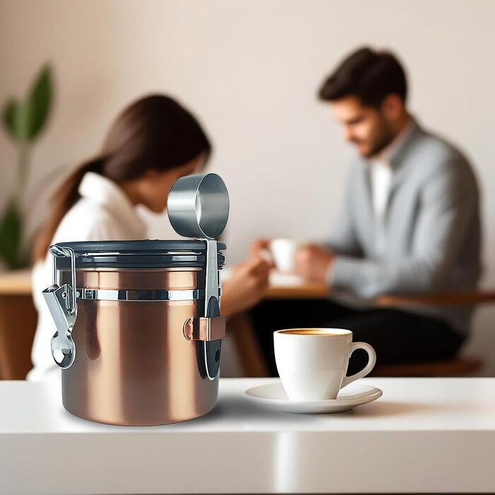Контейнер для кави з нержавіючої сталі 1000 мл – герметичний дизайн з мідним покриттям, клапан CO₂, індикатор дати та мірна ложка – для кавових зерен та меленої кави