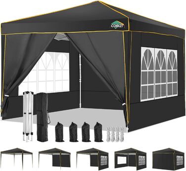 COBIZI Gazebo 3x3 Waterproof Stable Winter-Proof Party Tent, Folding Gazebo 3x3 with 4 Side Panels 3.0, 100% Waterproof and UV 50+ Portable High-End Portability Garden Gazebo, Black