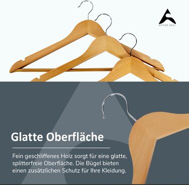 Набір дерев'яних вішалок ACTIVE SOUL (20 шт.) з вирізами для одягу та перемичкою для штанів, 360° обертання, для костюмів, сорочок, блузок та штанів
