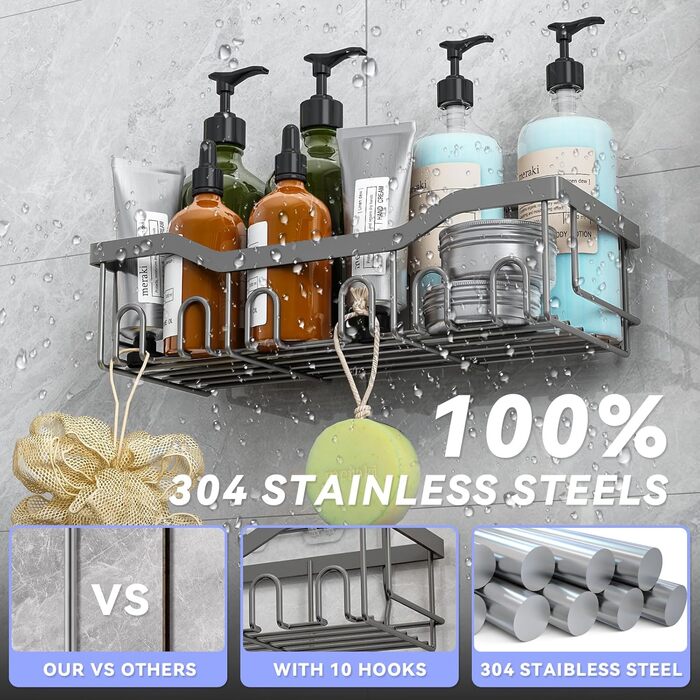 Поличка для душу без свердління, 6 шт. Регулятор для ванної кімнати з тримачем для фену та гачками, поличка для душу з нержавіючої сталі, настінна, самоклеюча, органайзер для ванної кімнати та кухні сірого кольору