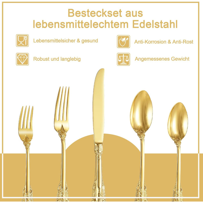Набір столових приборів Prächtiges Barock 20 предметів з нержавіючої сталі 18/10, золотий колір, у подарунковій коробці (виделки, ложки, ножі)