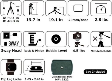Штатив SLIK U884 4-ступінний компактний легкий складаний з алюмінію для DSLR/SLR камер Canon, Nikon, Sony з 3-сторонньою головкою для панорамної зйомки та сумкою - Чорний