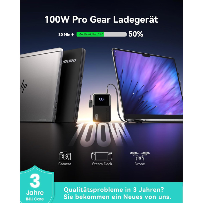 Портативний зарядний акумулятор INIU 100W 25000mAh з USB-C, для ноутбуків, телефонів, iPad, DJI, iPhone, в похід, у подорож, чорний