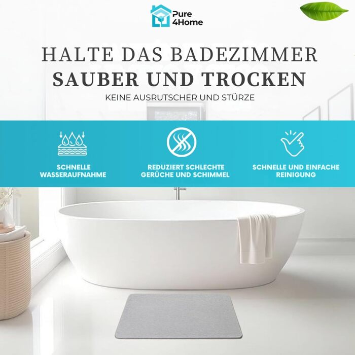 Діатомітовий килимок для ванної Pure 4Home Kieselgur, швидкосохнучий та антибактеріальний, протиковзкий, сірий, 45 x 35 см
