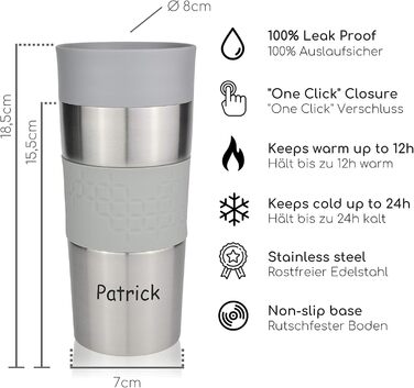 Термокружка Milu 450 мл з нержавіючої сталі, ізольована, без витоку, для кави з собою, автотермос, travel mug (з можливістю гравіювання, сірий)